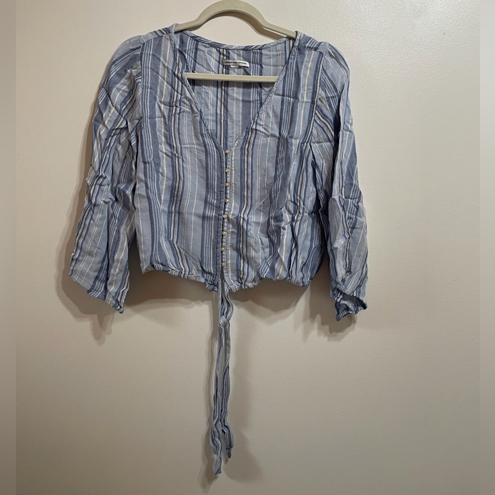 American Eagle Outfitters Light Blue & White Striped Tie-Front Blouse